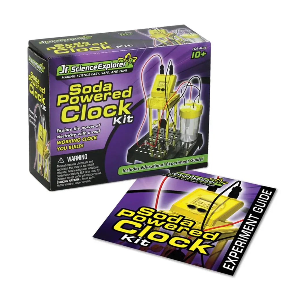 Jr. Science Explorer soda powered clock kit packaging displays bright purple and yellow graphics with the working clock experiment image, emphasizing hands-on STEM learning and included instructional guide. Designed to showcase its science activity features for young learners.