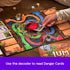 Jumanji adventure board game with colorful jungle path, dice, animal figurines, and red decoder lens revealing text on danger cards as players move pieces.