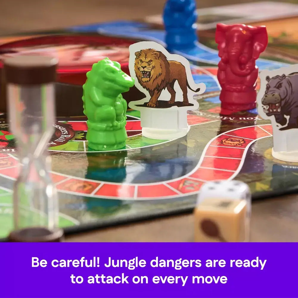 Close-up of Jumanji board game showing green crocodile, red elephant, blue rhino pieces, and lion danger token with dice and hourglass on wooden table.