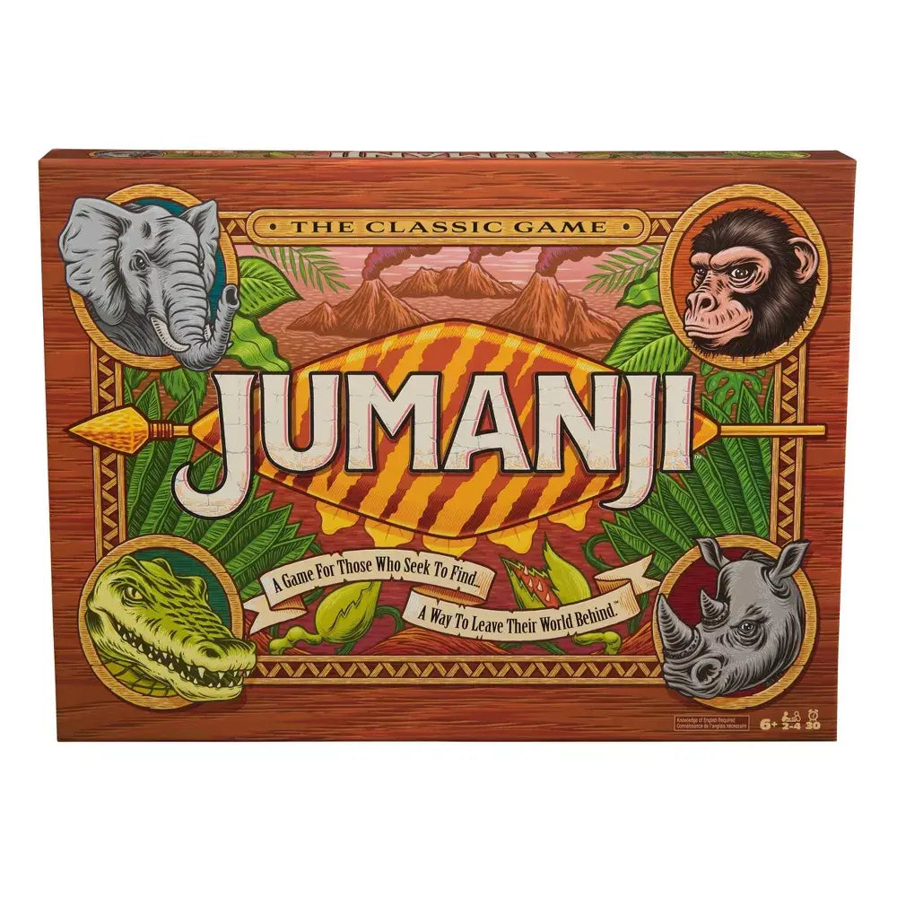 Jumanji board game box with wood-grain design, jungle leaves, and animal illustrations of elephant, monkey, crocodile, and rhino surrounding bold yellow-striped title.