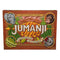 Jumanji board game box with wood-grain design, jungle leaves, and animal illustrations of elephant, monkey, crocodile, and rhino surrounding bold yellow-striped title.