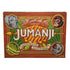 Jumanji board game box with wood-grain design, jungle leaves, and animal illustrations of elephant, monkey, crocodile, and rhino surrounding bold yellow-striped title.