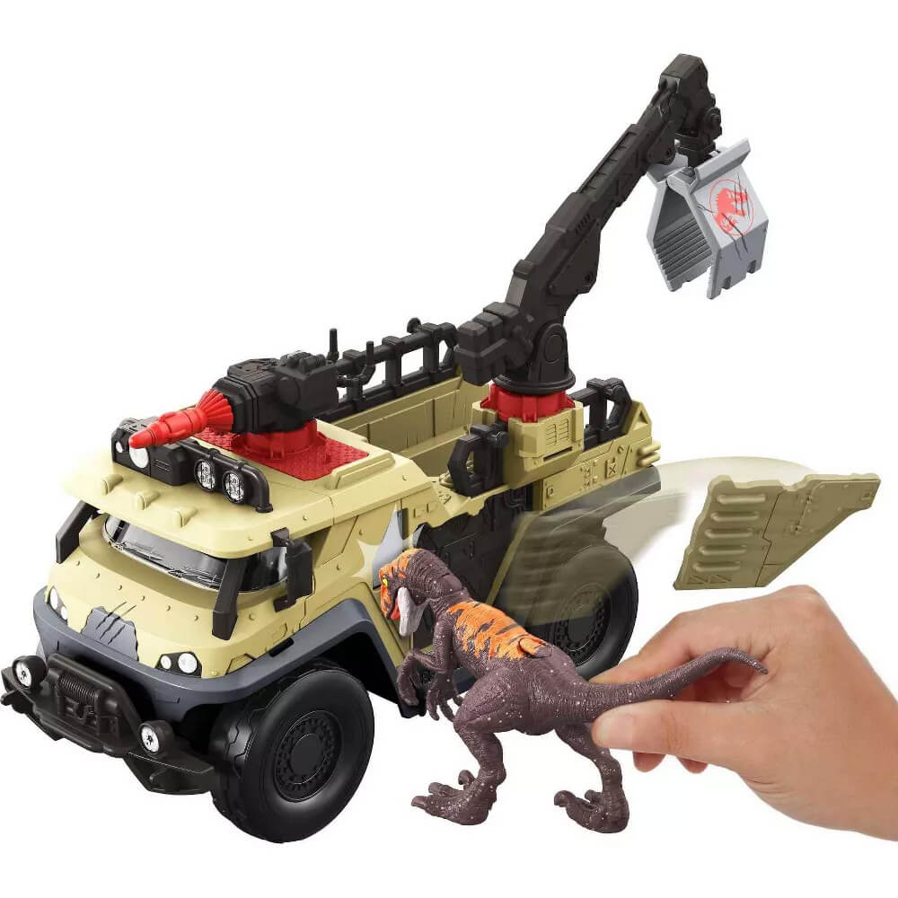 Dino attacking the truck of gthe Jurassic World Capture 'n Crush Truck Playset