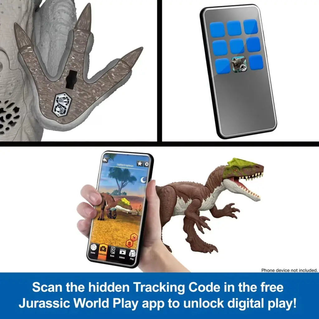 Jurassic World Distortus Rex toy includes a hidden tracking code on its foot, shown being scanned in the Jurassic World app to unlock digital play while the dinosaur stands beside a smartphone display.