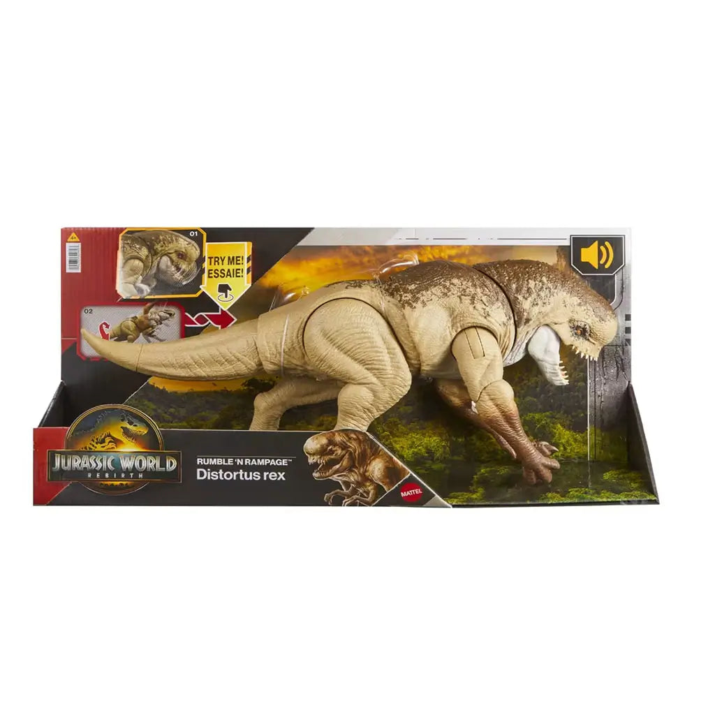 Jurassic World Distortus Rex toy features beige and brown textured plastic, large sculpted jaws, and crouched predator stance inside display packaging, presented against vibrant jungle-themed artwork for dramatic shelf impact.