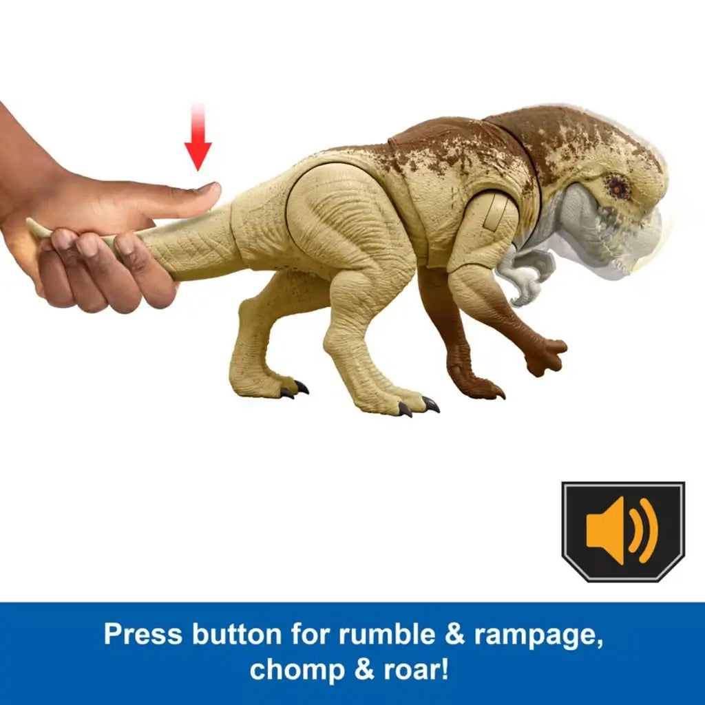 Jurassic World Distortus Rex toy is shown with a hand pressing its tail button to activate rumble, roar, and chomp motions, featuring rugged beige skin and dramatic movement illustration.