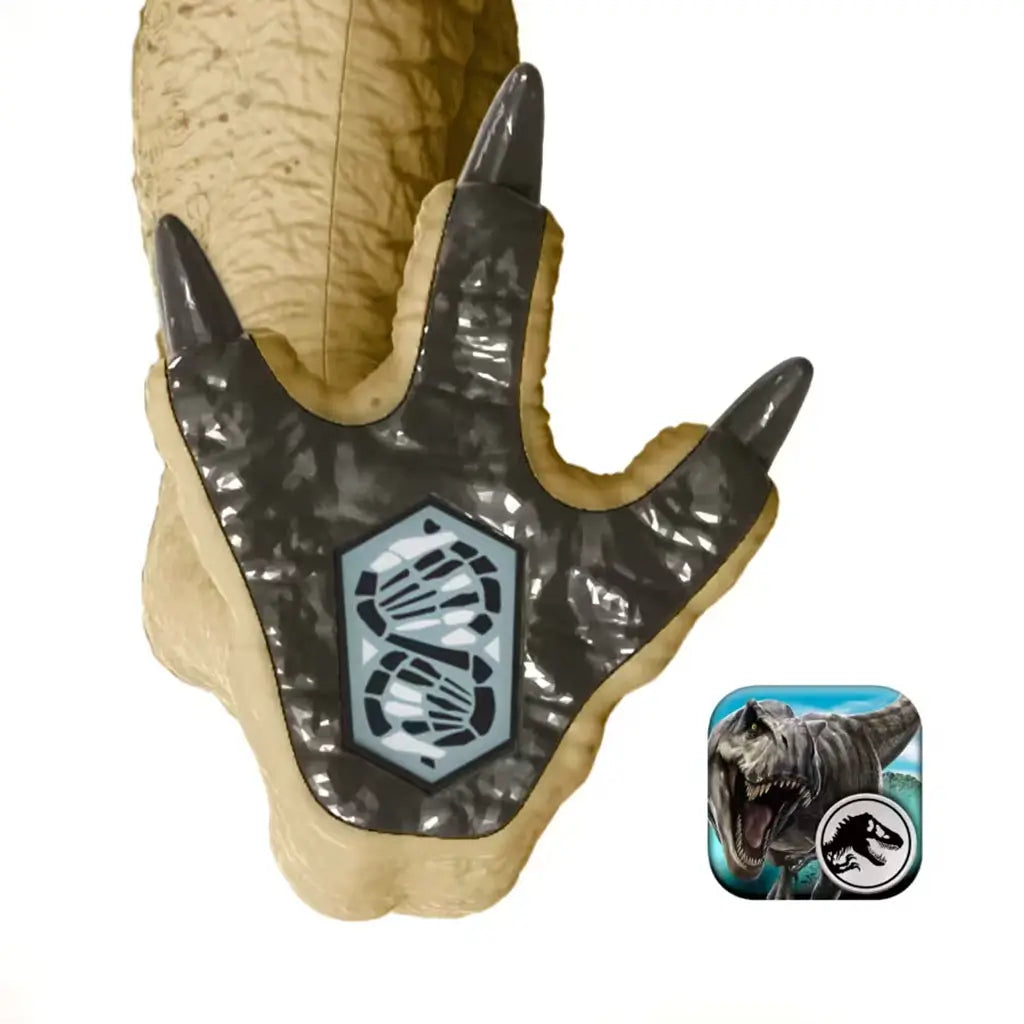 Jurassic World Distortus Rex toy displays a close-up of its dark three-toed foot with embedded tracking code emblem used for app interaction, set against a clean white background.