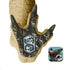Jurassic World Distortus Rex toy displays a close-up of its dark three-toed foot with embedded tracking code emblem used for app interaction, set against a clean white background.
