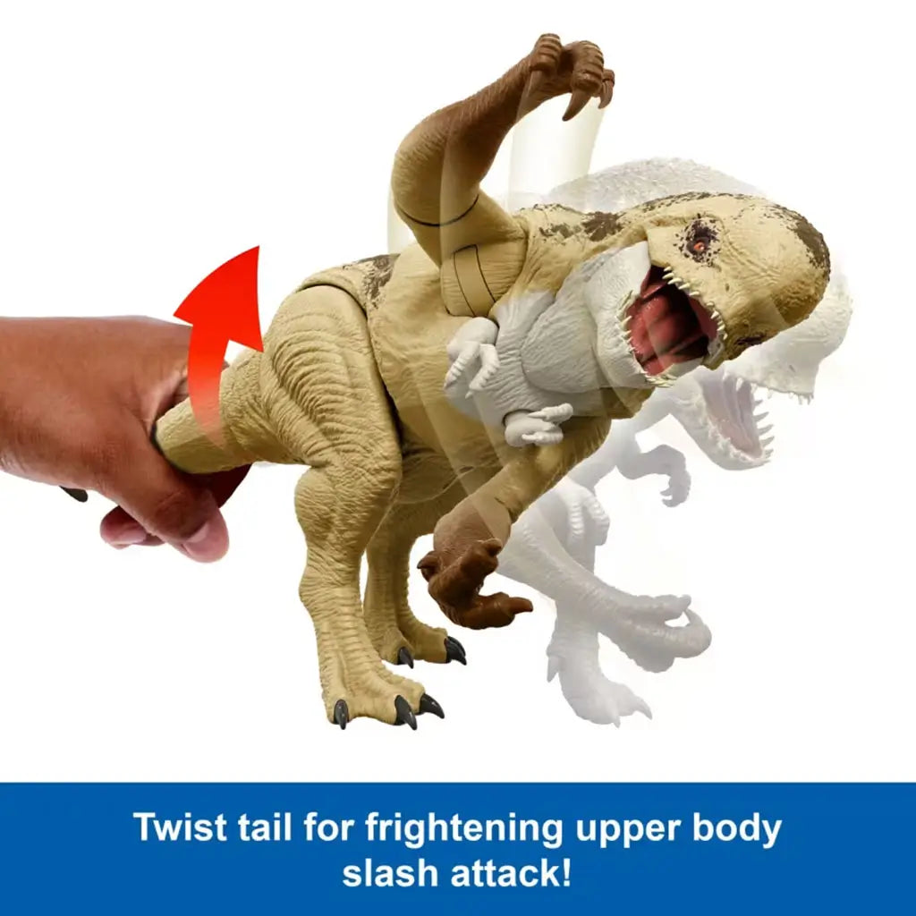 Jurassic World Distortus Rex toy demonstrates a slash attack as a hand twists its tail, showing the dinosaur’s beige-and-brown upper body swinging forward with open jaws and dynamic motion blur.