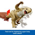 Jurassic World Distortus Rex toy demonstrates a slash attack as a hand twists its tail, showing the dinosaur’s beige-and-brown upper body swinging forward with open jaws and dynamic motion blur.