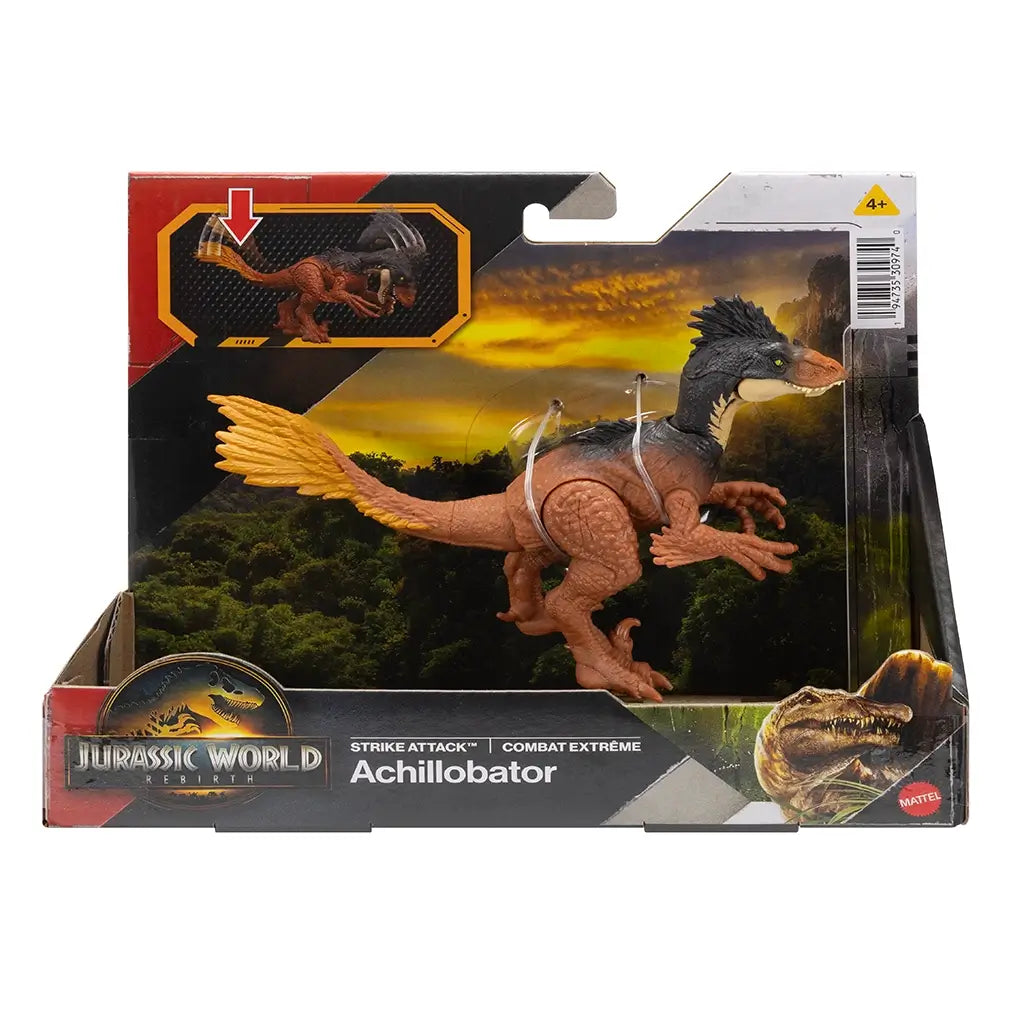 Jurassic World Rebirth Achillobator Strike Attack toy shown in retail packaging with illustrated jungle scenery, feathered dinosaur figure secured inside, bold branding, age label, and product name clearly visible on the front.