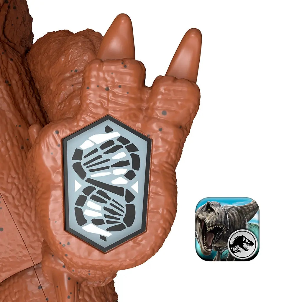 Jurassic World Achillobator toy foot in rust brown molded plastic with an embedded scan code panel, shown in close detail to highlight the Scan and Collect interactive feature against a clean white background.