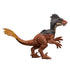 Jurassic World Achillobator side view figure in dark gray and brown plastic with a feathered tail, curved claws, and articulated joints, presenting the full 8-inch dinosaur toy profile on a white studio background.