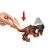 Jurassic World Achillobator Strike Attack feature demonstrated as a hand moves the tail, activating head and claw motion to showcase articulated action play, photographed on a clean white studio background.