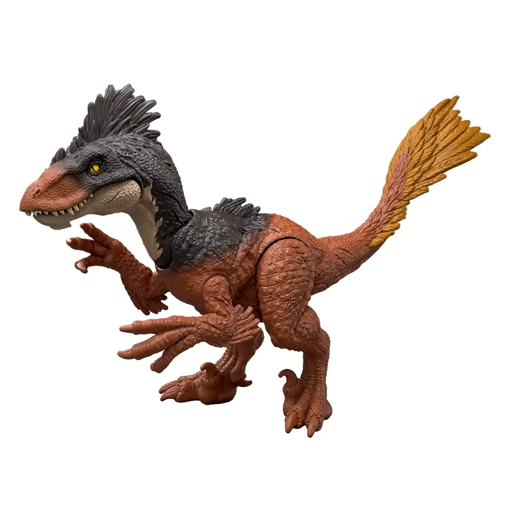 Jurassic World Achillobator dinosaur figure in dark gray, rust brown, and yellow molded plastic with feathered textures, bipedal raptor body, articulated limbs, and Strike Attack action design on a clean white studio background.