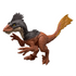 Jurassic World Achillobator dinosaur figure in dark gray, rust brown, and yellow molded plastic with feathered textures, bipedal raptor body, articulated limbs, and Strike Attack action design on a clean white studio background.