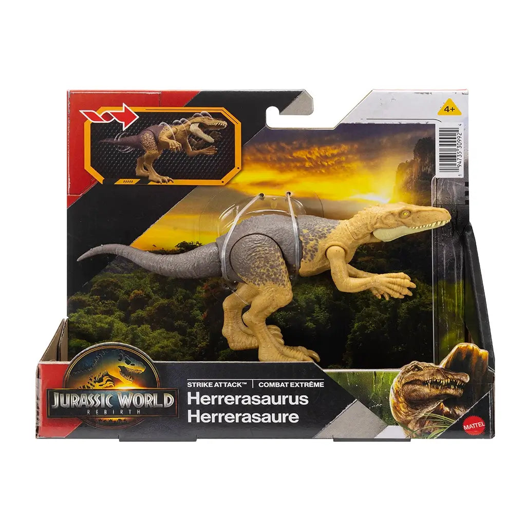 Jurassic World Rebirth Herrerasaurus Strike Attack toy presented in retail packaging with illustrated jungle scenery, tan and brown dinosaur figure secured inside, bold branding, age label, and product name clearly visible on the front.