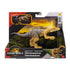 Jurassic World Rebirth Herrerasaurus Strike Attack toy presented in retail packaging with illustrated jungle scenery, tan and brown dinosaur figure secured inside, bold branding, age label, and product name clearly visible on the front.