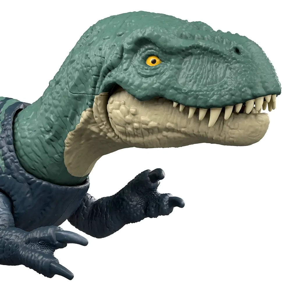 Jurassic World Nanotyrannus close-up featuring a green scaled head, beige lower jaw, sharp sculpted teeth, and bright yellow eye, emphasizing detailed facial texture and realistic predator styling on a white background.