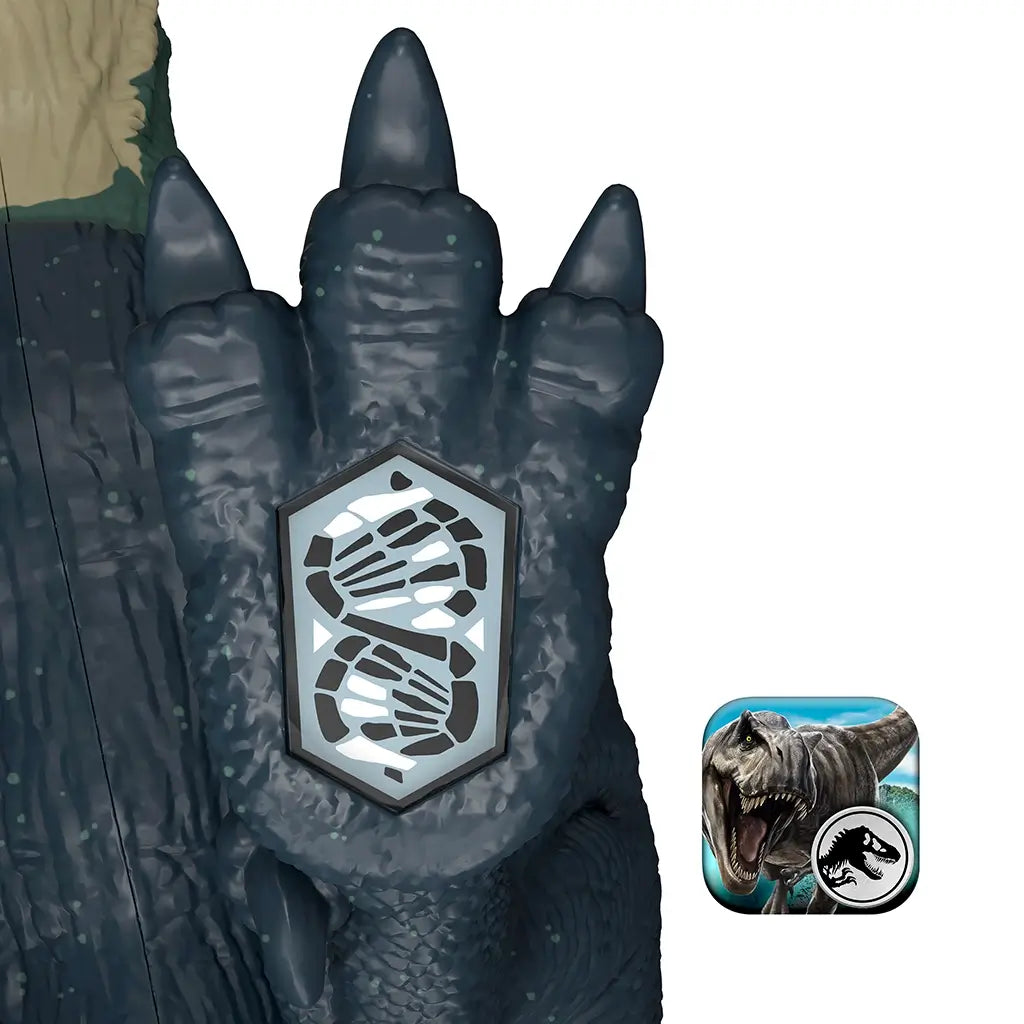 Jurassic World Nanotyrannus toy foot in dark blue textured plastic with an embedded scan code panel, shown in close detail to highlight the Scan and Collect interactive feature against a plain white background.