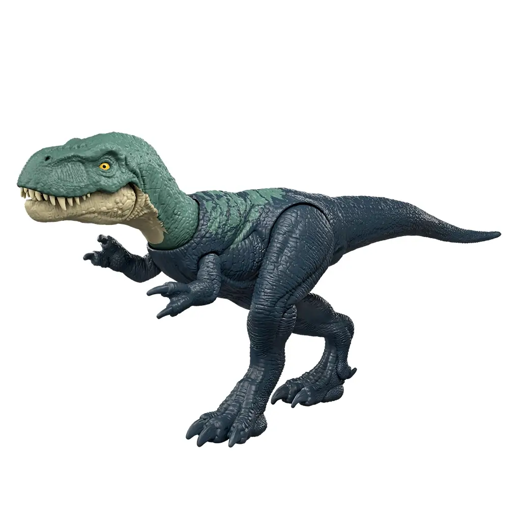 Jurassic World Nanotyrannus dinosaur figure in dark blue and green molded plastic with textured scales, bipedal theropod body, articulated arms and legs, and Strike Attack action design, displayed on a clean white background.