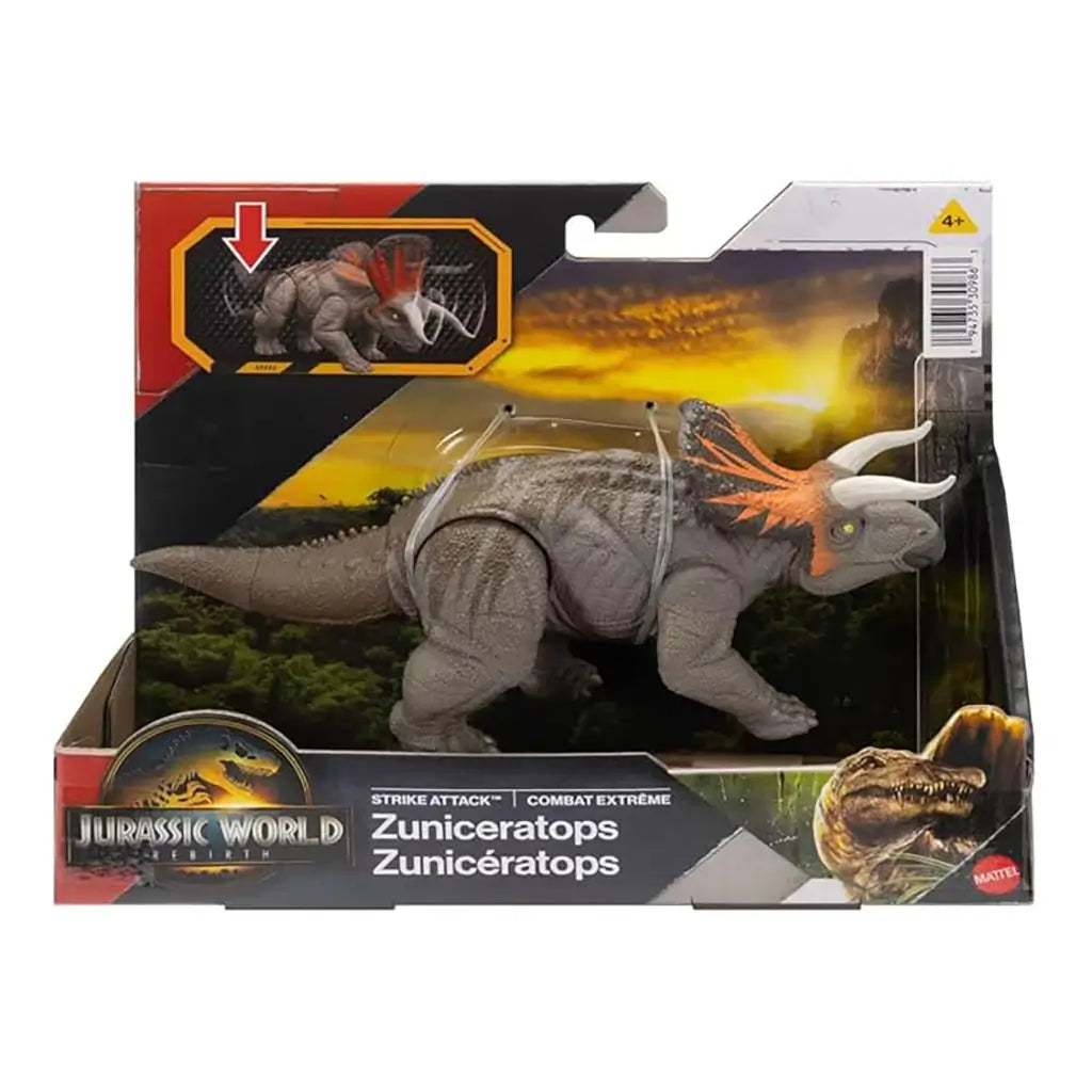 Jurassic World Rebirth Zuniceratops Strike Attack toy in gray molded plastic with orange frill accents, horned ceratopsian form secured in retail packaging featuring jungle artwork, bold branding, age marking, and product name on the front.
