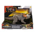 Jurassic World Rebirth Zuniceratops Strike Attack toy in gray molded plastic with orange frill accents, horned ceratopsian form secured in retail packaging featuring jungle artwork, bold branding, age marking, and product name on the front.