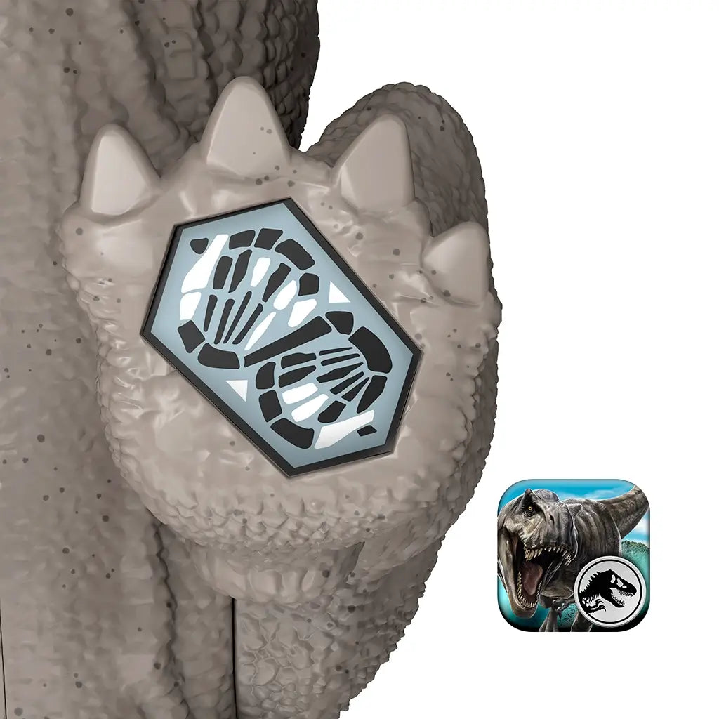 Jurassic World Zuniceratops toy foot in gray molded plastic with integrated scan code panel, shown in close detail to demonstrate the Scan and Collect interactive feature, photographed against a plain white background.