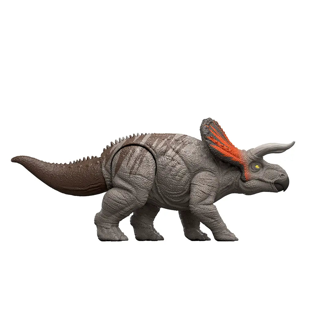 Jurassic World Zuniceratops side view figure in gray and brown plastic with orange frill markings, long textured tail, and sturdy limbs, presenting the full 8-inch dinosaur toy profile on a white studio background.