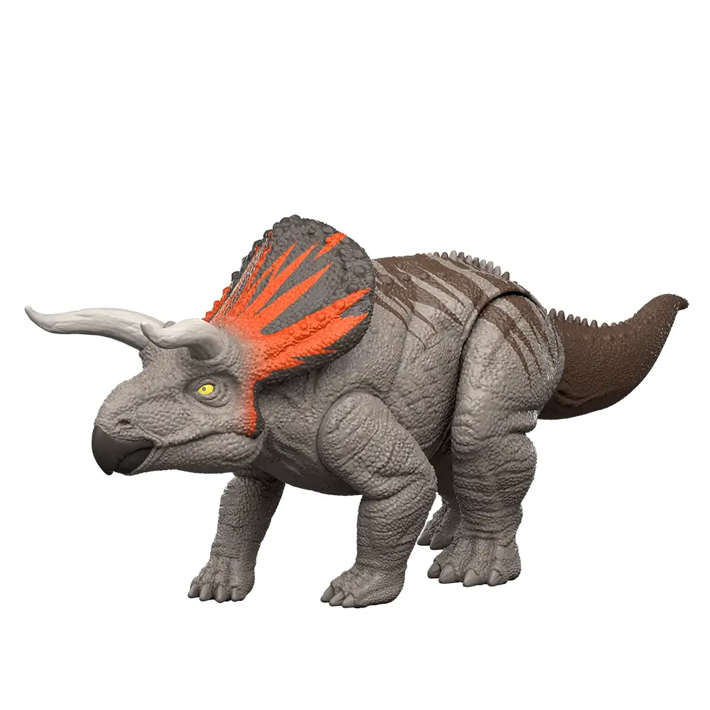 Jurassic World Zuniceratops dinosaur figure in gray plastic with orange-striped frill, horned quadruped form, and articulated legs, designed as an 8-inch Strike Attack action toy displayed on a clean white studio background.