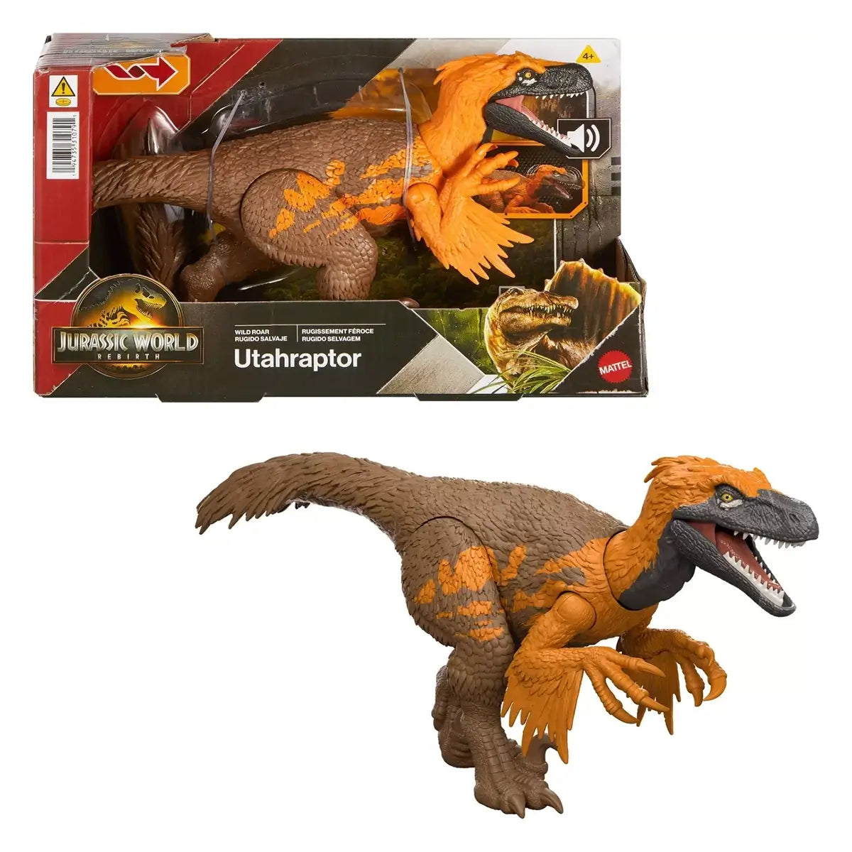 Jurassic World Rebirth Wild Roar Utahraptor 10-Inch Dinosaur Figure with pakcaging