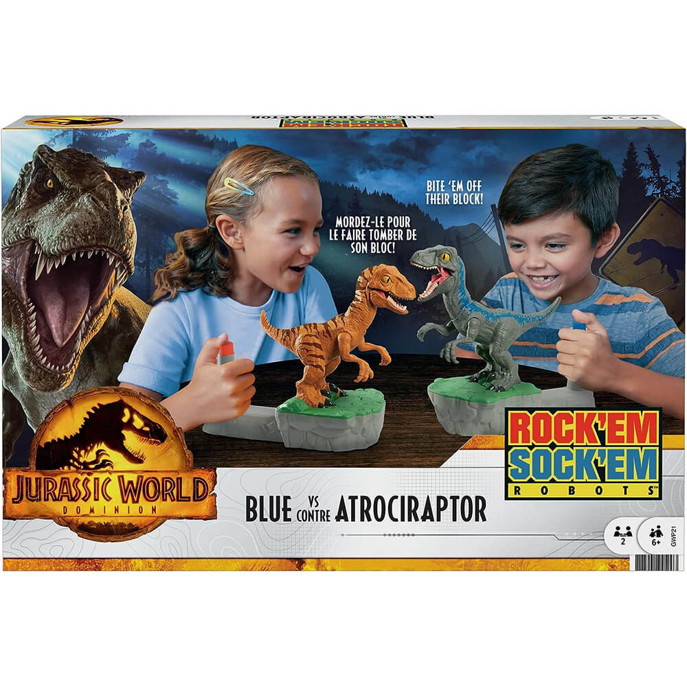Jurassic World Rock 'em Sock 'em Robots Blue vs Atrociraptor Game packaging