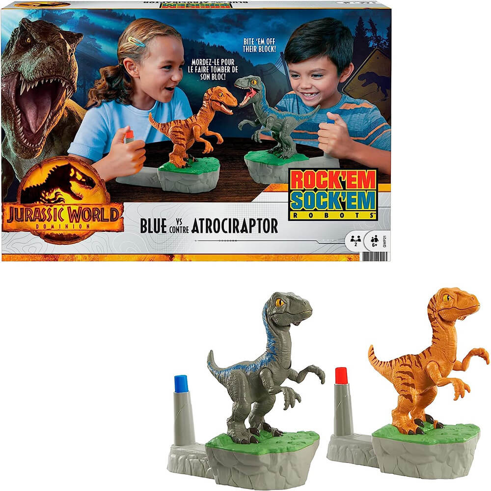 Dinos from the Jurassic World Rock 'em Sock 'em Robots Blue vs Atrociraptor Game and the box