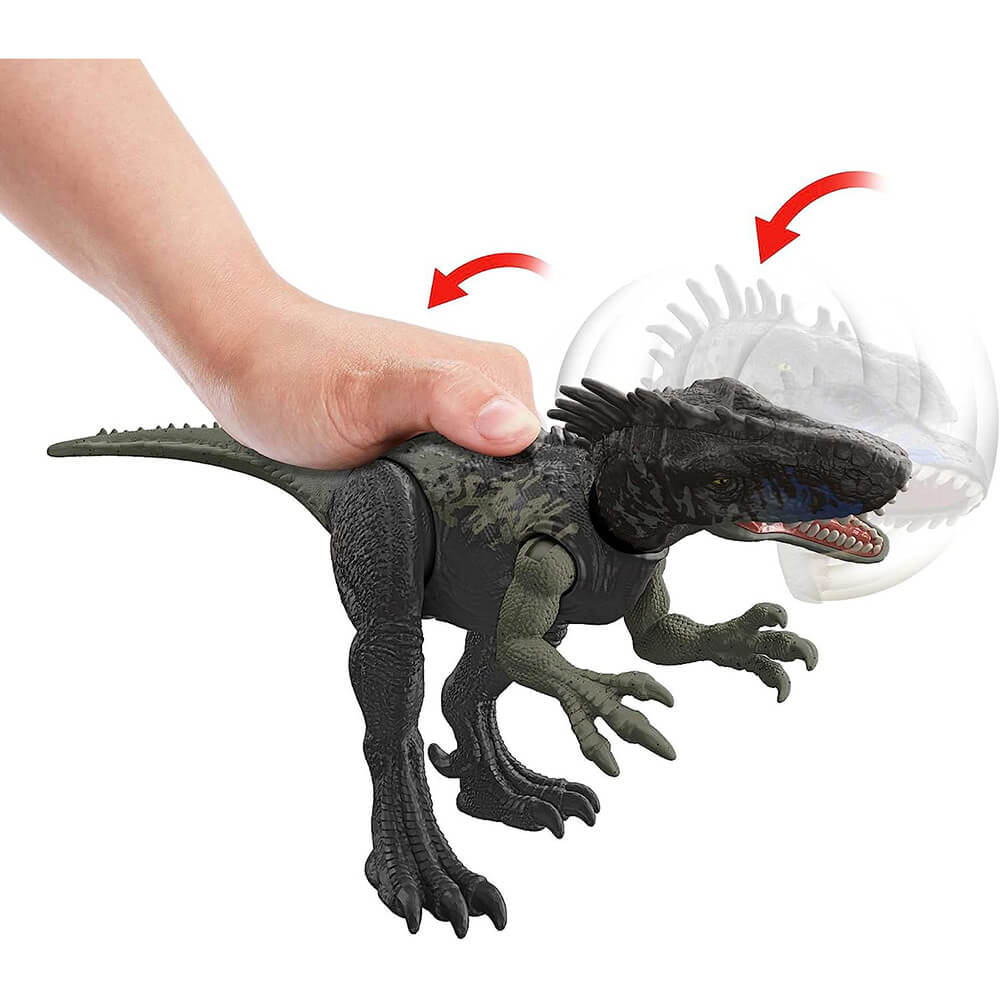 Hand shown pressing button to make dino come to life Jurassic World Wild Roar Dryptosaurus Dinosaur Figure