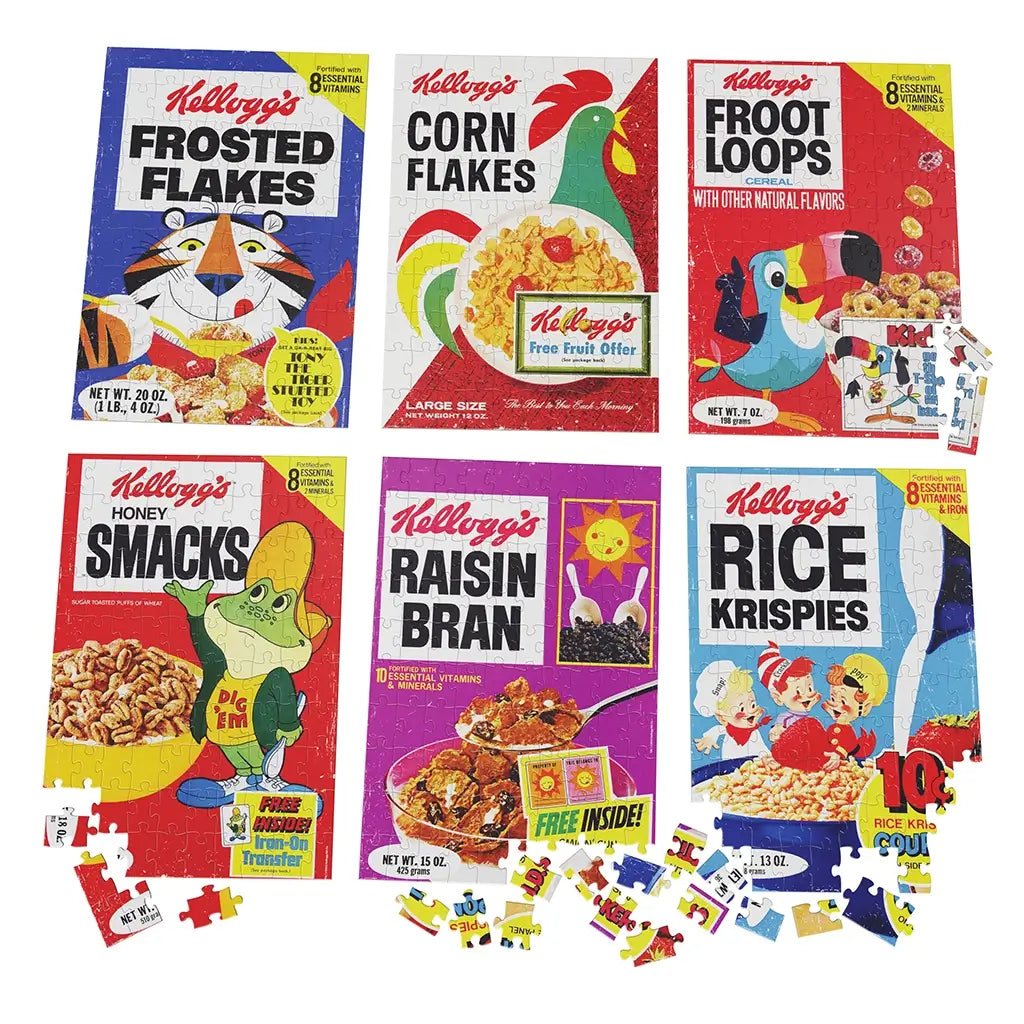 Kellogg’s cereal puzzle set with bright glossy cardboard rectangle pieces, showing Frosted Flakes, Corn Flakes, Froot Loops, Honey Smacks, Raisin Bran, and Rice Krispies on a white studio background.