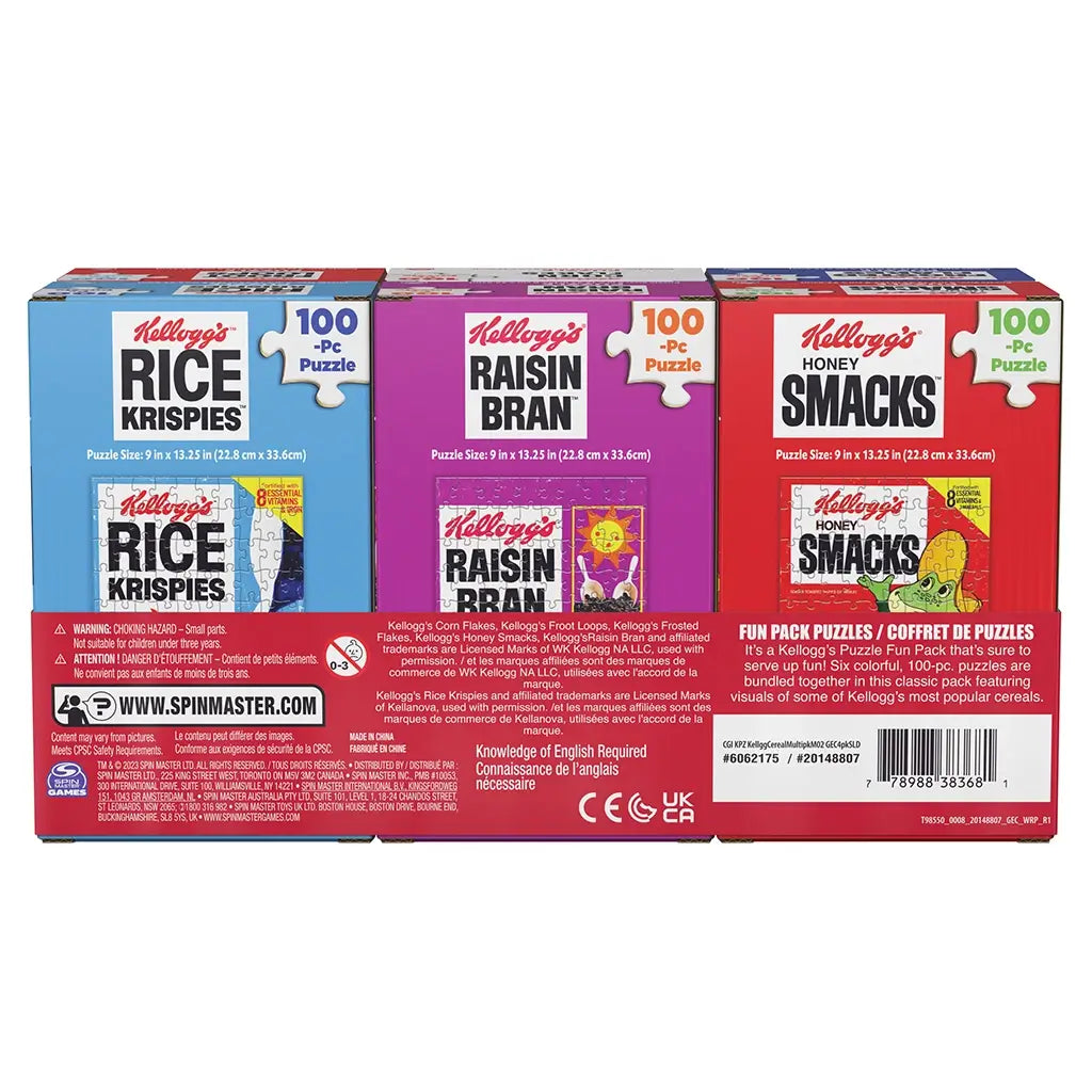 Kellogg’s puzzle bundle back in blue, purple, and red glossy cardboard rectangular boxes, showing Rice Krispies, Raisin Bran, and Honey Smacks panels with product text on a white background.