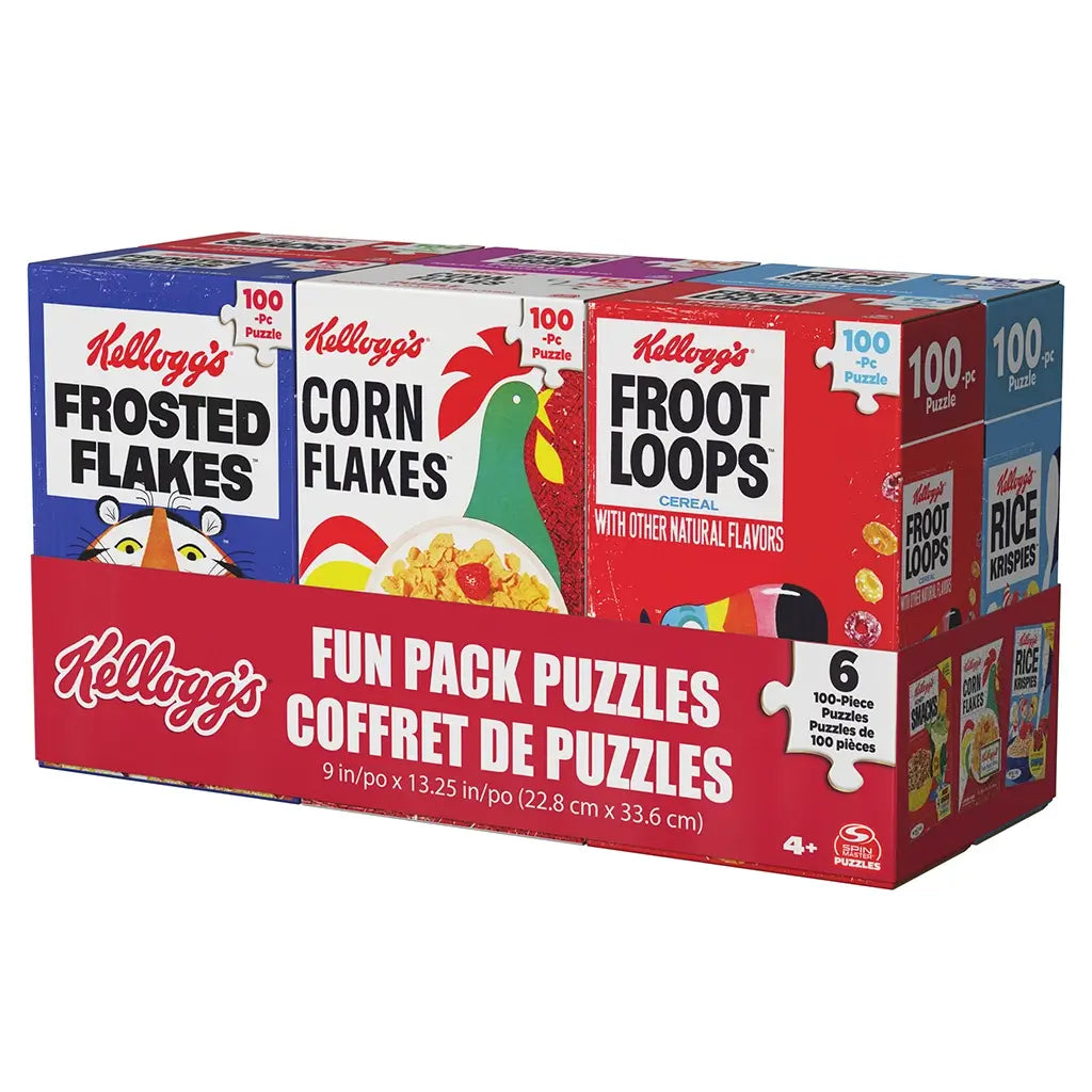 Kellogg’s cereal puzzle bundle in red and multicolor glossy cardboard display tray shape, featuring Frosted Flakes, Corn Flakes, and Froot Loops fronts, angled on a plain white background.