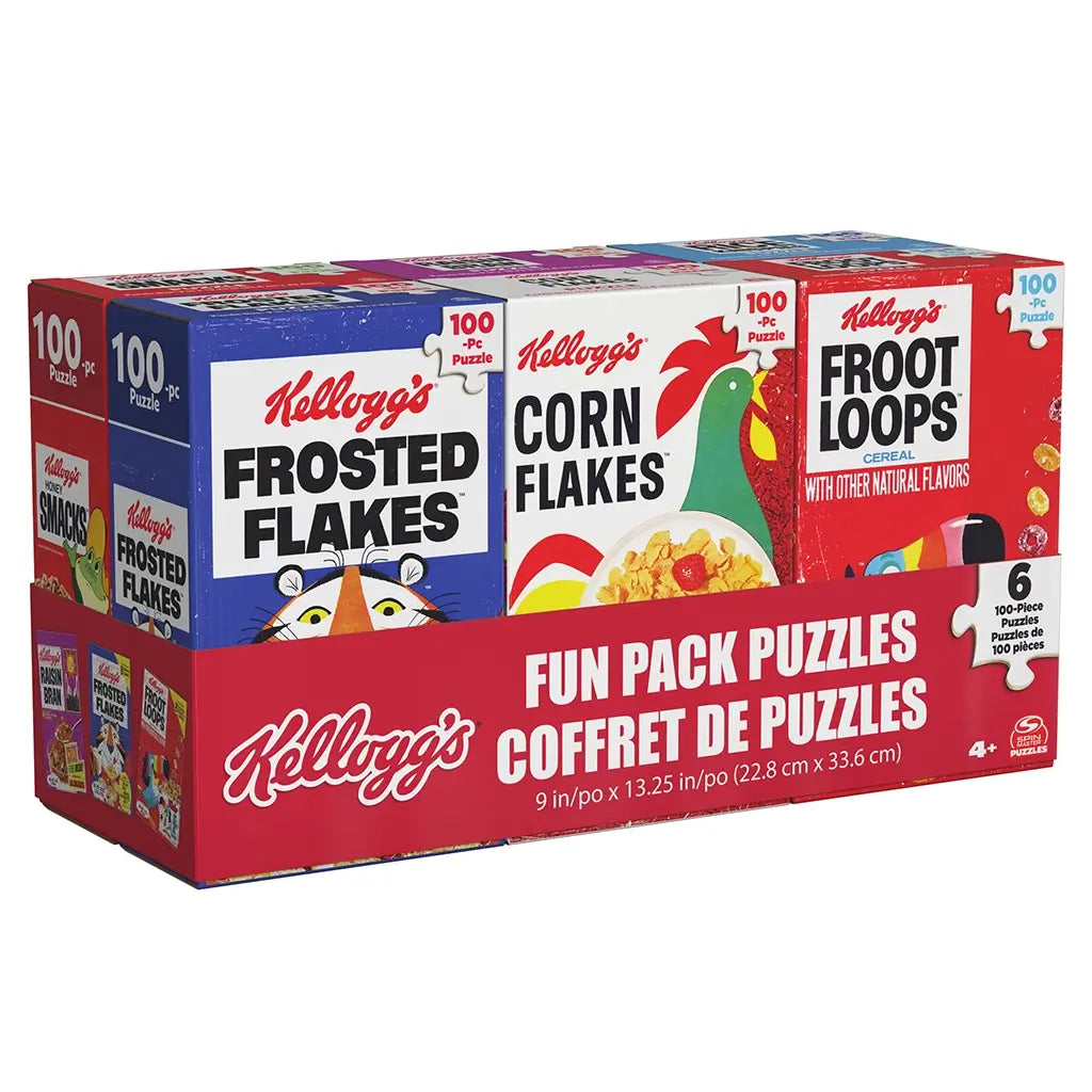 Kellogg’s Fun Pack Puzzles bundle in red, blue, and white glossy cardboard tray form, displaying Frosted Flakes, Corn Flakes, and Froot Loops box designs in a clean studio setting.