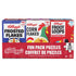 Kellogg’s Fun Pack Puzzles in red, blue, and white glossy cardboard tray shape, presenting Frosted Flakes, Corn Flakes, and Froot Loops 100-piece puzzle boxes against a plain backdrop.