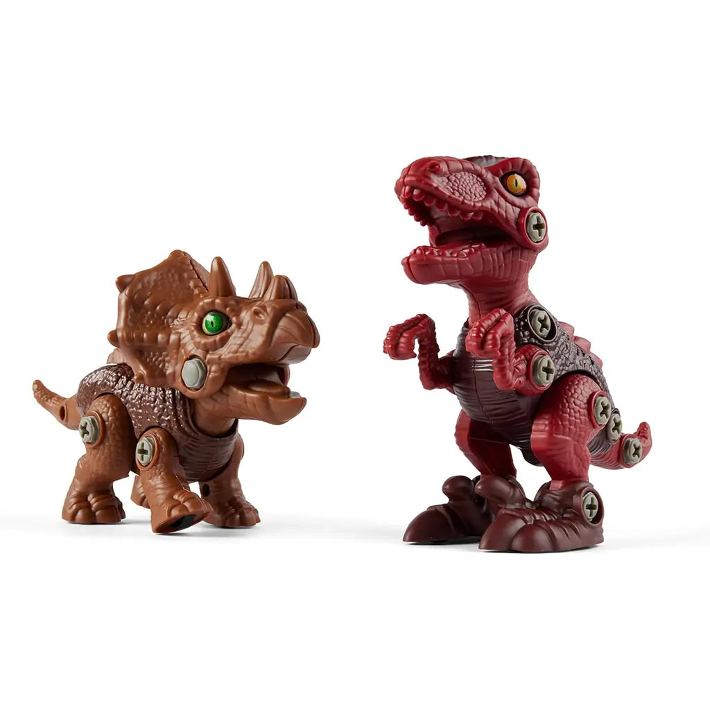 Close-up of brown Triceratops and red T-Rex toy dinosaurs with visible screw joints, textured plastic bodies, and bright painted eyes against a plain white background.
