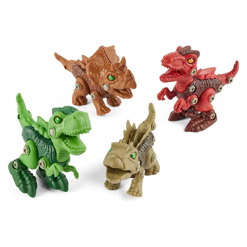 Four colorful buildable dinosaur toys, including a green T-Rex, brown Triceratops, tan Stegosaurus, and red Raptor, are arranged together with movable parts and screw details.