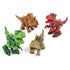 Four colorful buildable dinosaur toys, including a green T-Rex, brown Triceratops, tan Stegosaurus, and red Raptor, are arranged together with movable parts and screw details.