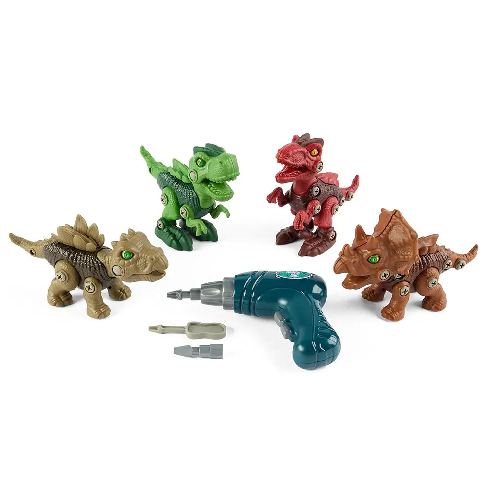 Kidoozie Build Your Own Dinosaurs set displayed with four assembled toy dinosaurs, a teal battery-powered drill, screwdriver attachments, and extra parts on a white background.