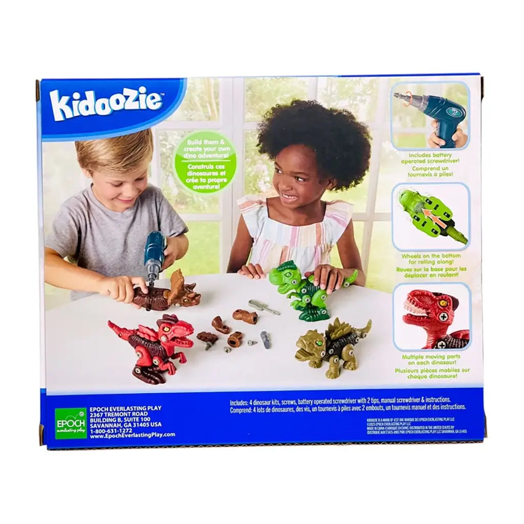 Back of Kidoozie Build Your Own Dinosaurs box shows children playing with screw-together dinosaurs, product features like moving parts and rolling wheels, and safety warnings.