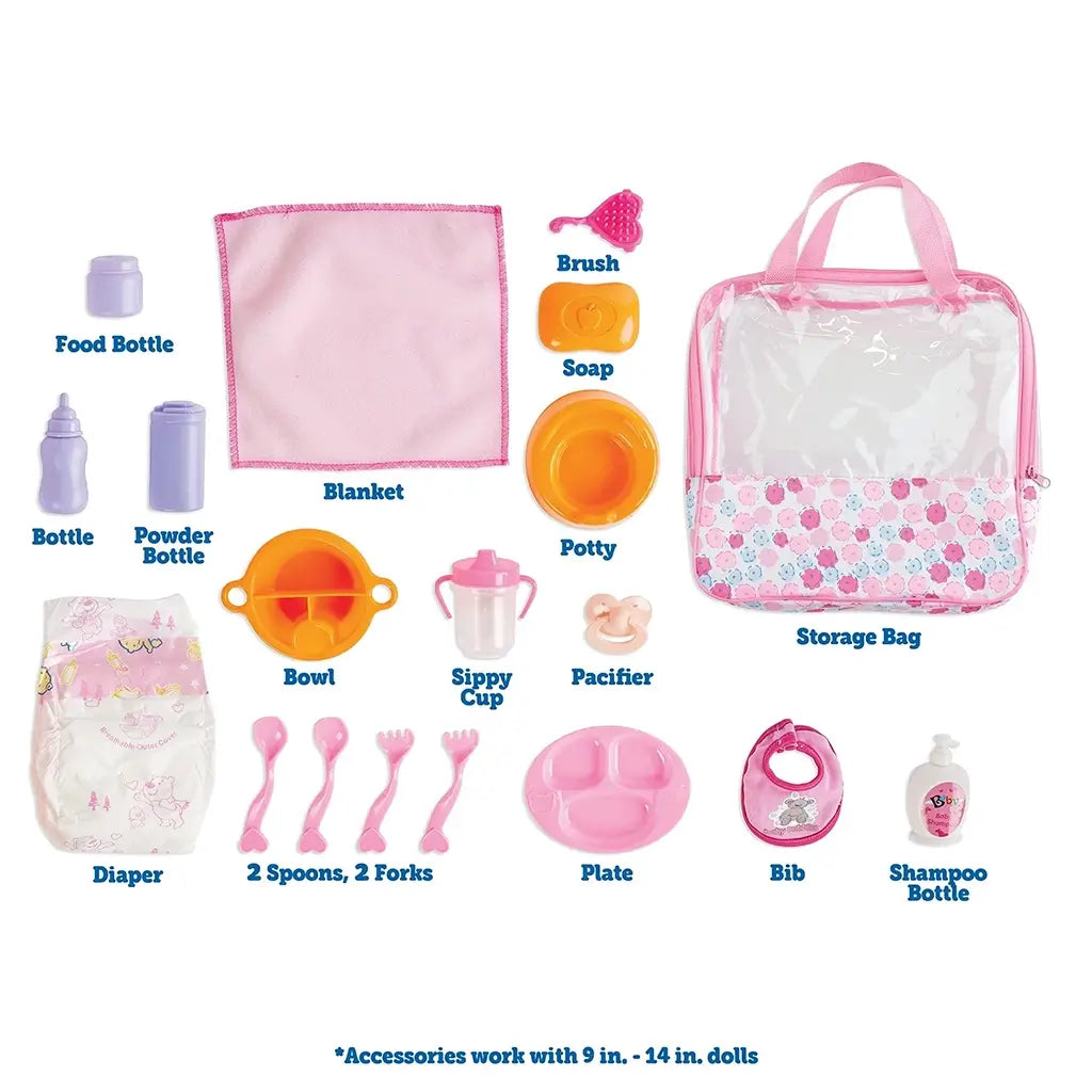 All 19 doll care accessories laid out, including blanket, potty, brush, bottles, pacifier, sippy cup, diaper, utensils, soap, bib, shampoo bottle, and storage bag with handles.