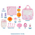 All 19 doll care accessories laid out, including blanket, potty, brush, bottles, pacifier, sippy cup, diaper, utensils, soap, bib, shampoo bottle, and storage bag with handles.