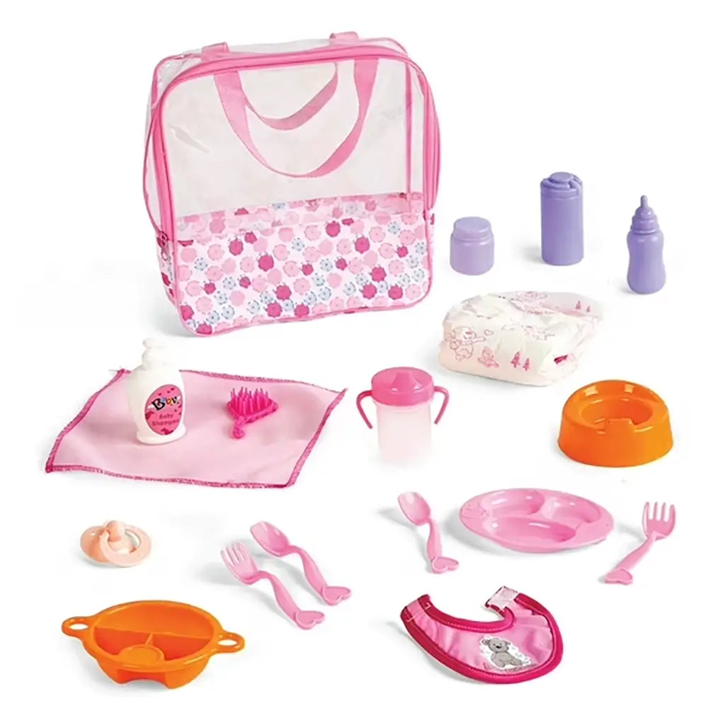 Kidoozie Doll Care Playset pieces shown with floral storage bag, orange potty, pink bib, utensils, bottles, diaper, brush, and plate arranged neatly on a white background.
