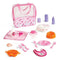 Kidoozie Doll Care Playset pieces shown with floral storage bag, orange potty, pink bib, utensils, bottles, diaper, brush, and plate arranged neatly on a white background.