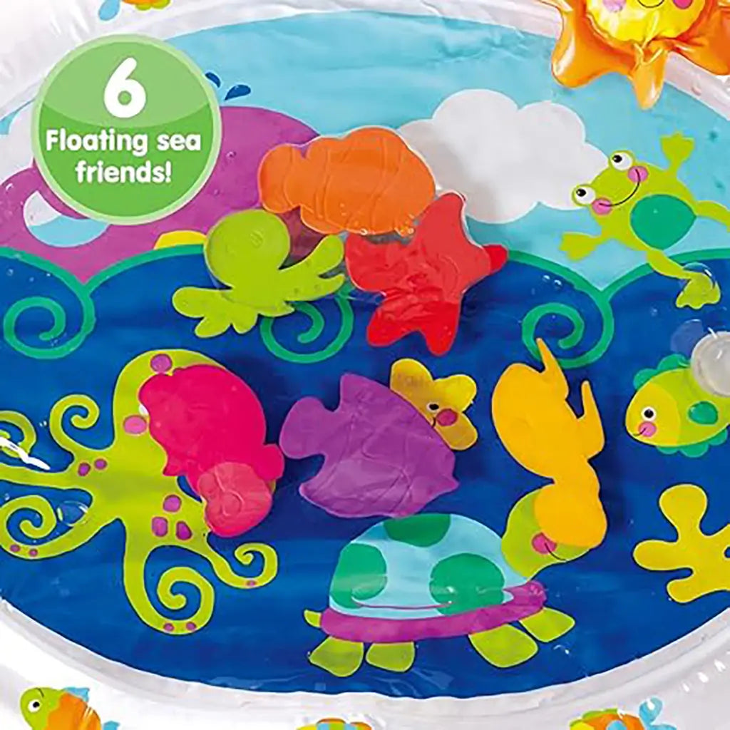 Close-up of Kidoozie Pat 'n Laugh Water Mat with six floating sea friends, including fish, turtle, octopus, and starfish, on a bright blue ocean-themed background.