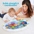 Smiling mother and baby play on floor with Kidoozie Pat 'n Laugh Water Mat, featuring colorful floating sea creatures that encourage strength, coordination, and sensory development.